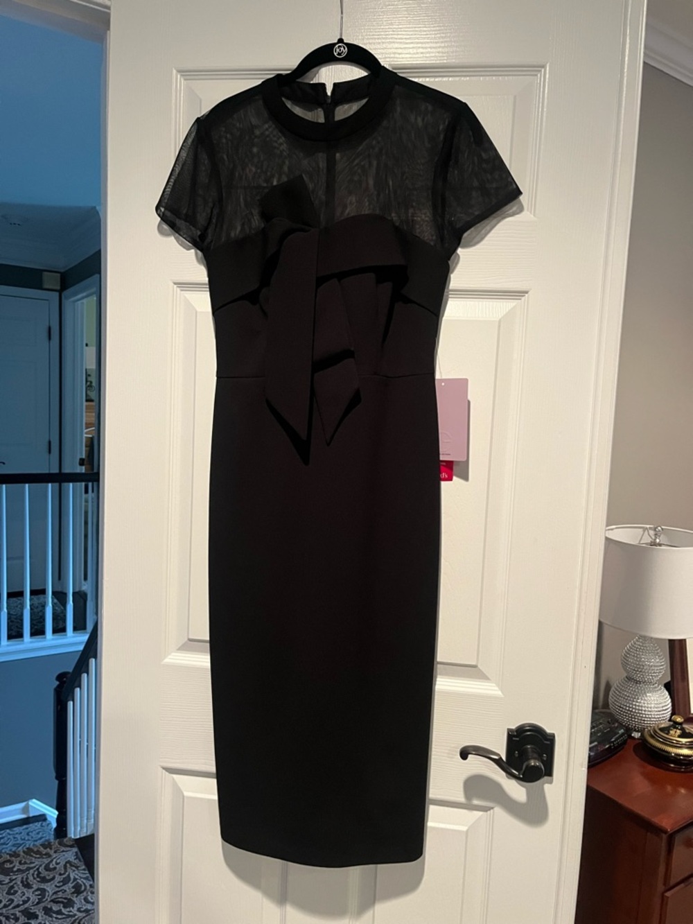 JS Collections Black Midi Dress with Sheer Yoke and Front Bow